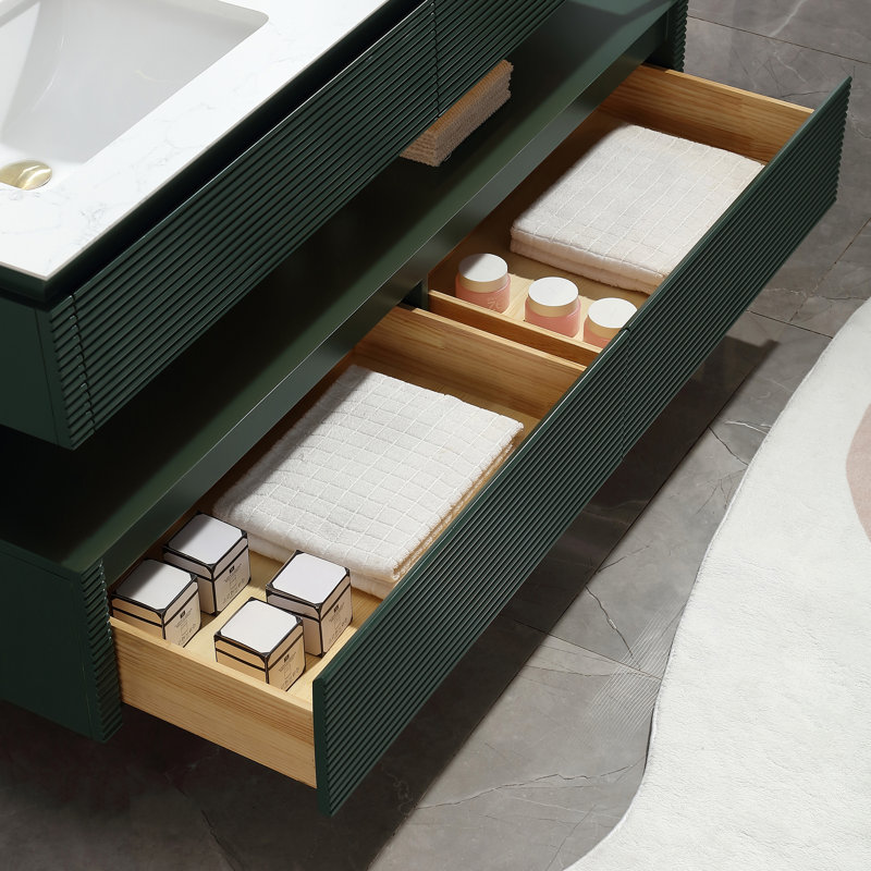 60'' Modern Solid Oak Floating Bathroom Vanity With Artificial Stone Countertop And LED Night Light, Green