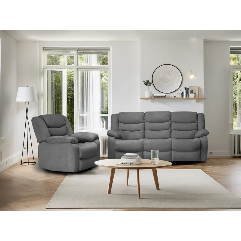 Frithiof Living Room Set, 2-Piece Microfiber Manual Recliner Couch Set With 1-Seat Recliner,3-Seat Recliner, Drop Table & Cup Holders