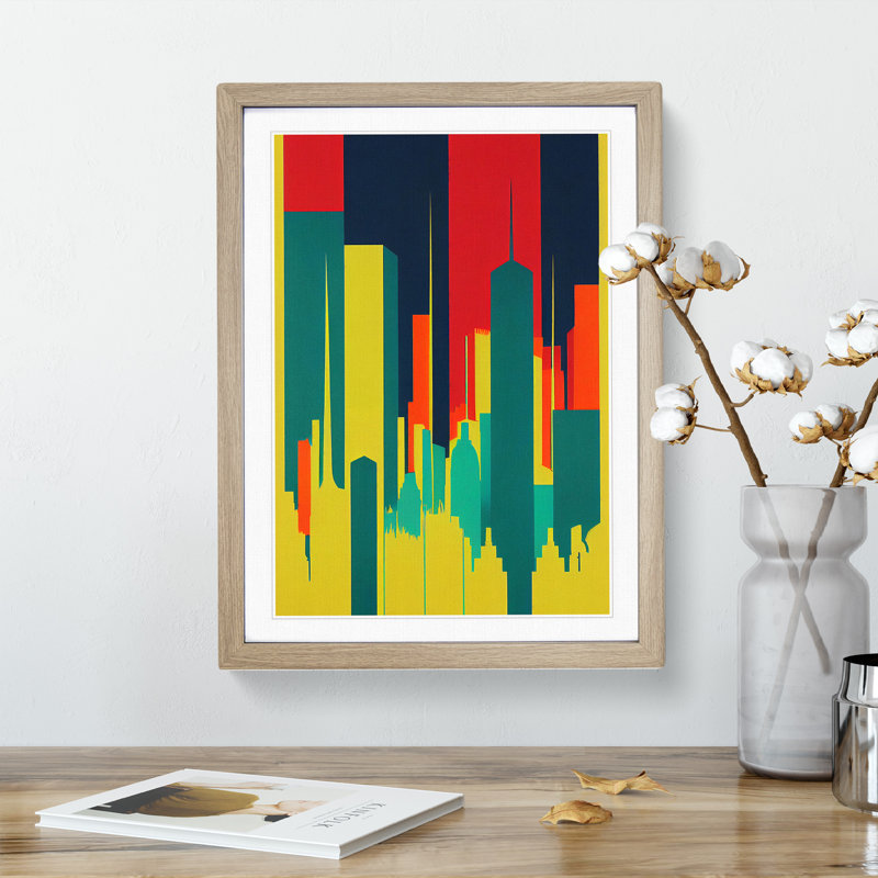 Illuminated City Skyline Abstract - Wall Art, 64cm H x 46cm W x 2cm D, Oak Framed