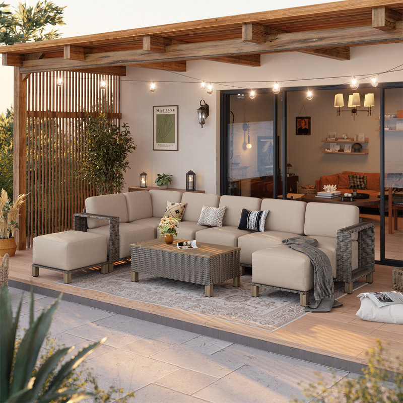Canapé modulaire d'extérieur 9 pièces pour patio avec coussin de 10 po et osier amélioré 9 pièces, Beige
