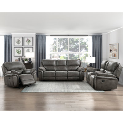 Ensemble de 3 fauteuils inclinables modernes, revêtement en microfibre grise, structure en bois massif et contreplaqué, mécanisme d'inclinaison à tirette, console de rangement centrale, fauteuil à bascule, supporte jusqu'à 136 kg par siège, rembourrage en mousse, bascule douce.