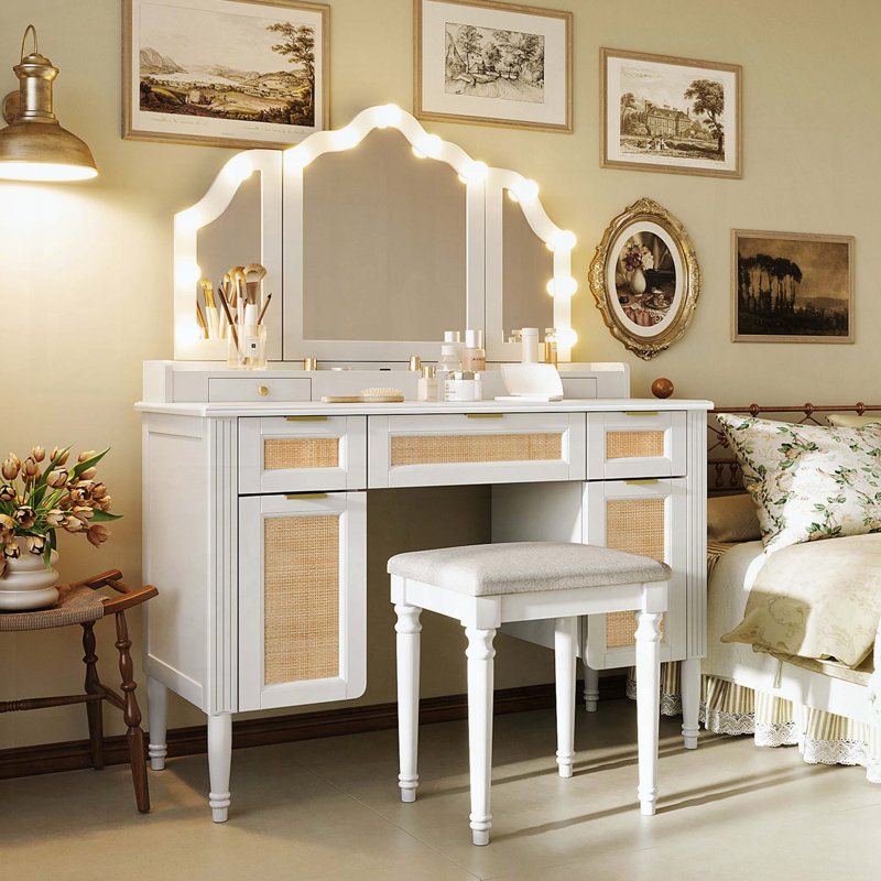 Makeup Vanity Desk with 13 Hollywood Bulbs, Tri-Fold Mirror, 5 Drawers, Shelves, and Charging Station