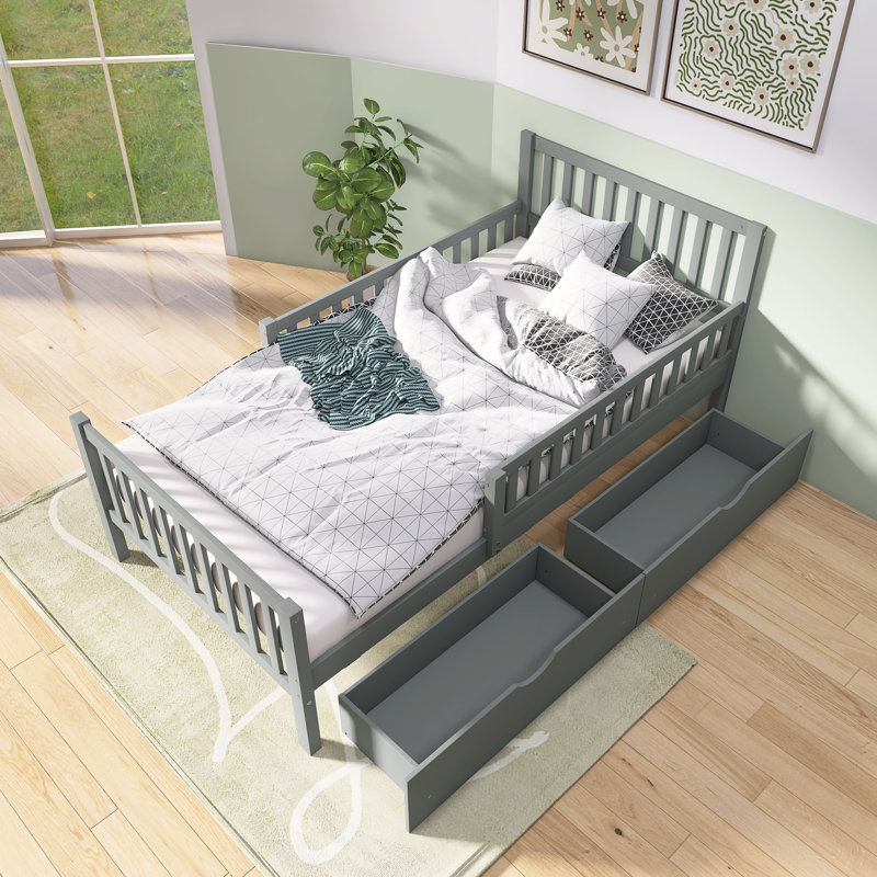 Lit plateforme en bois avec garde-corps et deux tiroirs de rangement, Gris