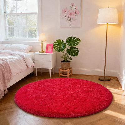 Tapis rond antidérapant doux et moelleux de couleur rouge uni, parfait pour les salons, les chambres de bébé, les chambres à coucher et les bureaux à domicile