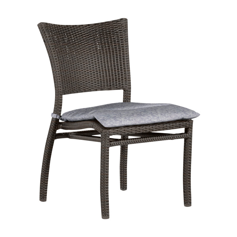 Skye Stacking Patio Dining Side Chair with Cushions, Welt, Arbor Chambray, Black Walnut
