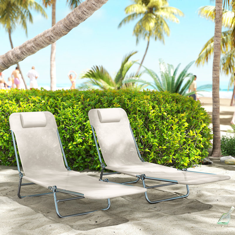Chaise longue de piscine pliante, ensemble de 2 chaises longues de bronzage avec coussin, dossier inclinable à cinq positions pour la plage, blanc crème