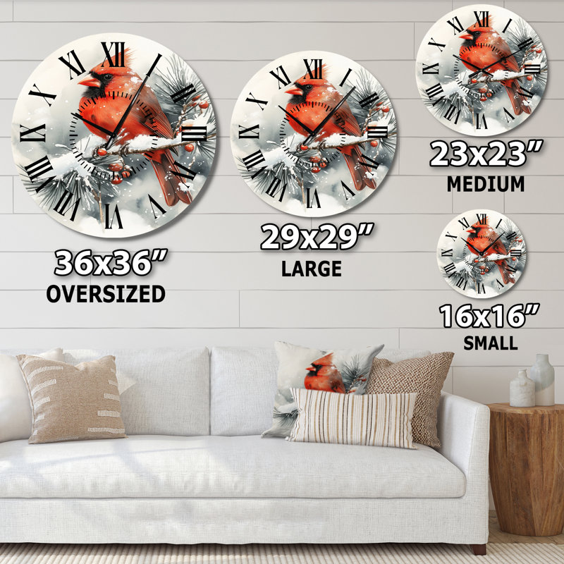 Horloge murale en métal rouge nature avec un cardinal dans un paysage hivernal, Petit