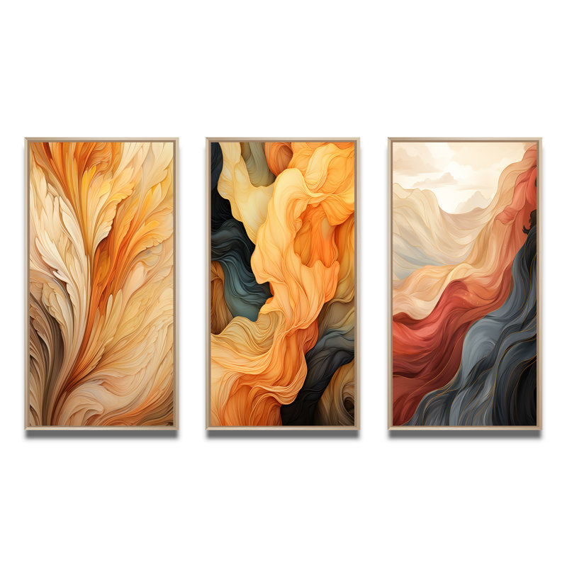 " Vintage Orange Ornamental Wave Elegance " 3 - Pieces, Natural Floater Framed, 32" H x 48" W