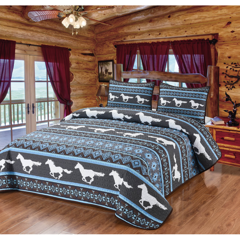 Ensemble de literie à motif de cheval 3 pièces, Courtepointe pour grand lit + 2 taies décoratives