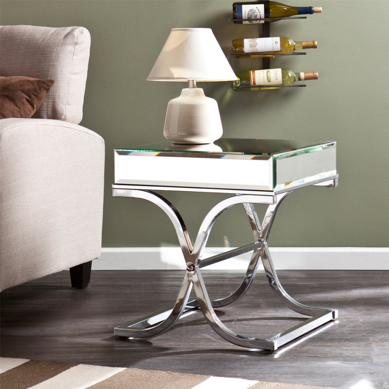 Mirrored End Table With Metal Base