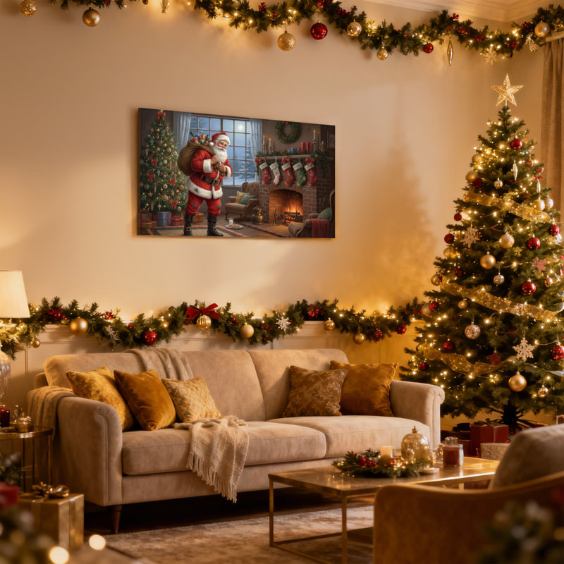 Ensemble de 3 impressions sur toile de Noël, père Noël, scène de Noël, arbre de cheminée, H 20 po x l 30 po