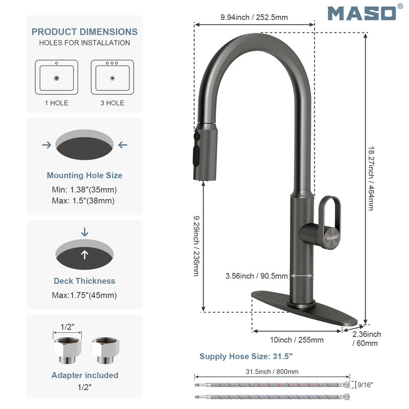 MASO Kitchen Faucet with Pull-Down Sprayer, 3 Spray Modes, Single Handle High Arc Sink Faucet for Kitchen, RV, Laundry and Bar, 304 Stainless Steel,Brushed Gray