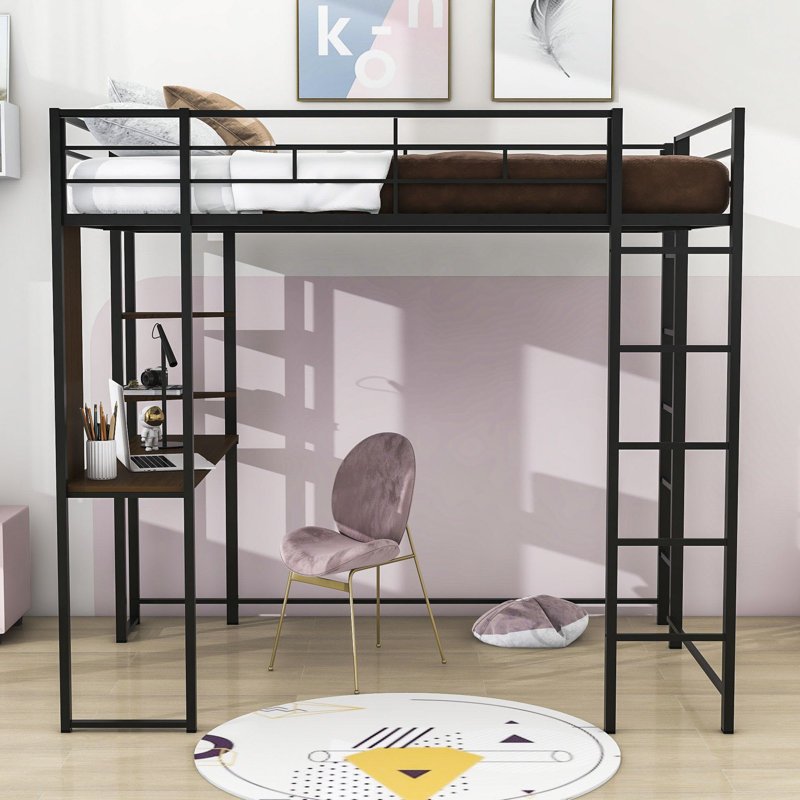 Full Size Metal Loft Bed With Wooden Built-In-Desk And 2 Shelves, Black