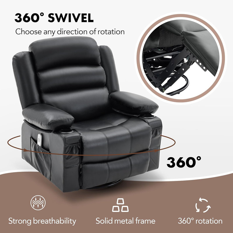 Fauteuil inclinable de massage avec chaleur, pivotant à 360 ° et fonction berçante, fauteuil inclinable surdimensionné avec porte-gobelets et port de charge USB pour une détente ultime