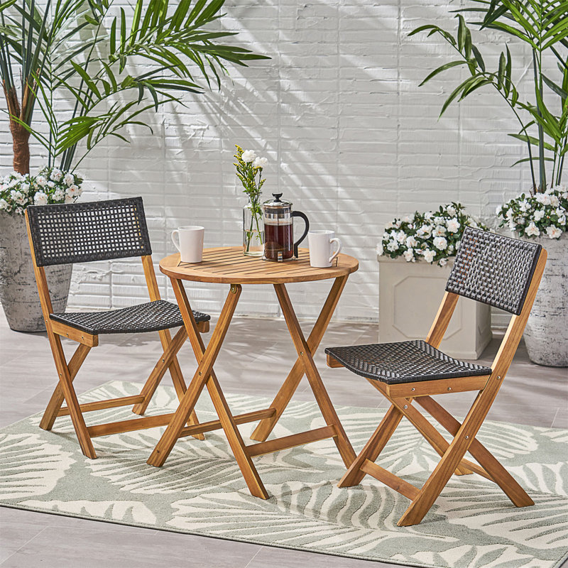 Rolston 26" W Solid Wood and Wicker 3-Piece Folding Bistro Set, Teak/Brown