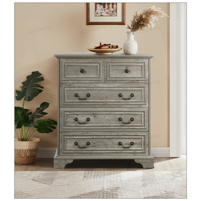 Commode à 5 tiroirs Farmhouse avec texture naturelle rustique, design rétro et espace de rangement spacieux pour la chambre à coucher et le salon