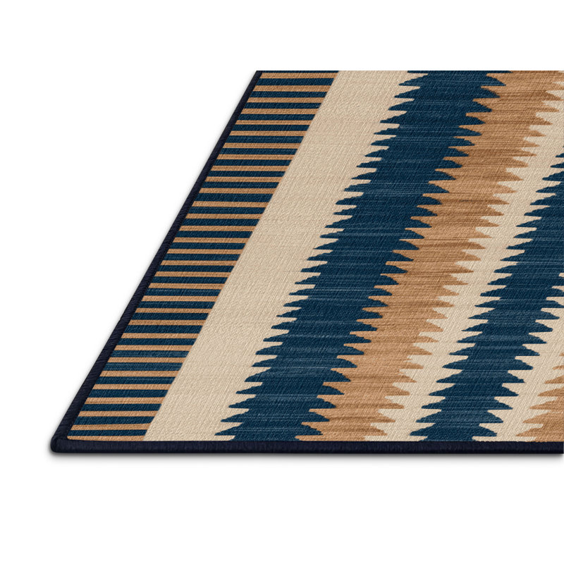 Washable Maritime Blue Ivory Striped Area Rug, Square 5'