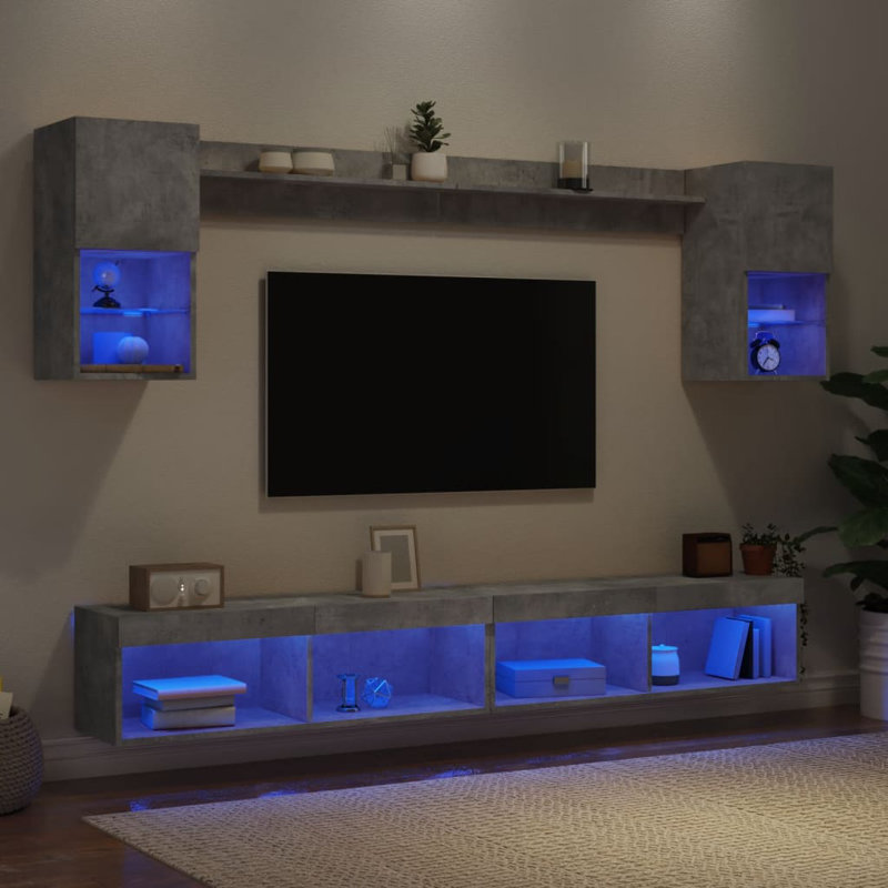  6 Piece TV Wall Units With LED Engineered Wood, Concrete Grey