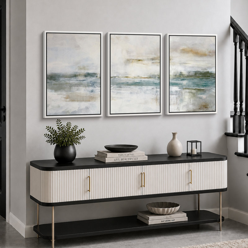Paysage minimaliste «Œuvre abstraite grunge vert-gris, images murales industrielles modernes et chics, impression sur toile encadrée, 3 pièces