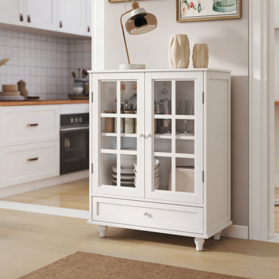 Minimalist Buffet Cabinet With Double Glass Doors And Drawer, Modern Wooden Storage Sideboard Cupboard For Living Room, Dining Room Hallway Entryway