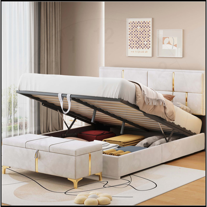 Ensemble de chambre à coucher 2 pièces avec lit plateforme tapissier, rangement hydraulique et repose-pieds, Beige