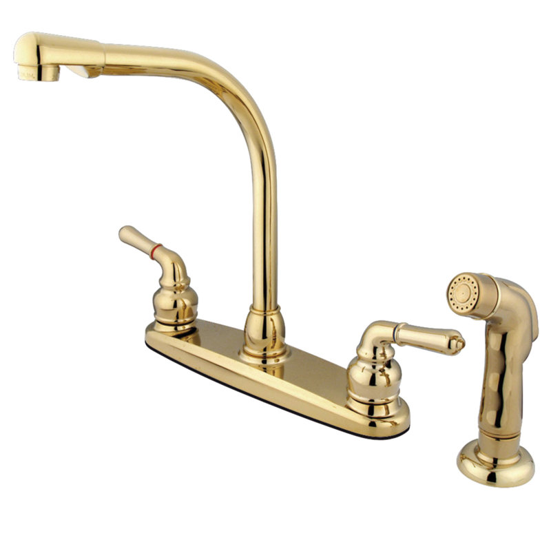 Magellan Centerset Double Handle Kitchen Faucet, Polished Brass, With Spray