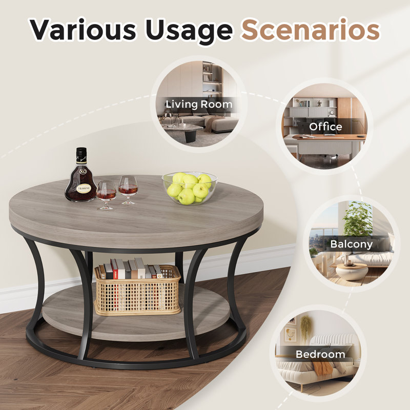 Table basse 31,49 po avec tablettes de rangement à 2 niveaux, Bois gris