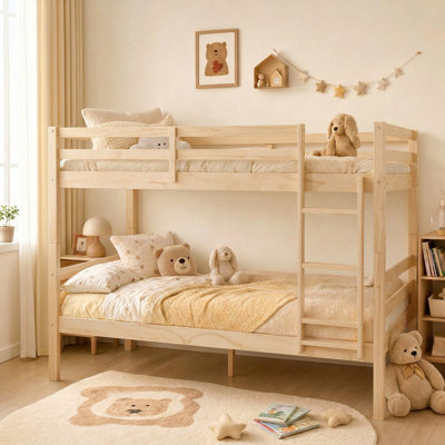 Full Over Full Bunk Bed with Ladder, Solid Wood Bunk Bed with High Guardrail and Ladder for Kids, Teens, Dorm Rooms, and Guest Rooms, No Box Spring Needed,Natural