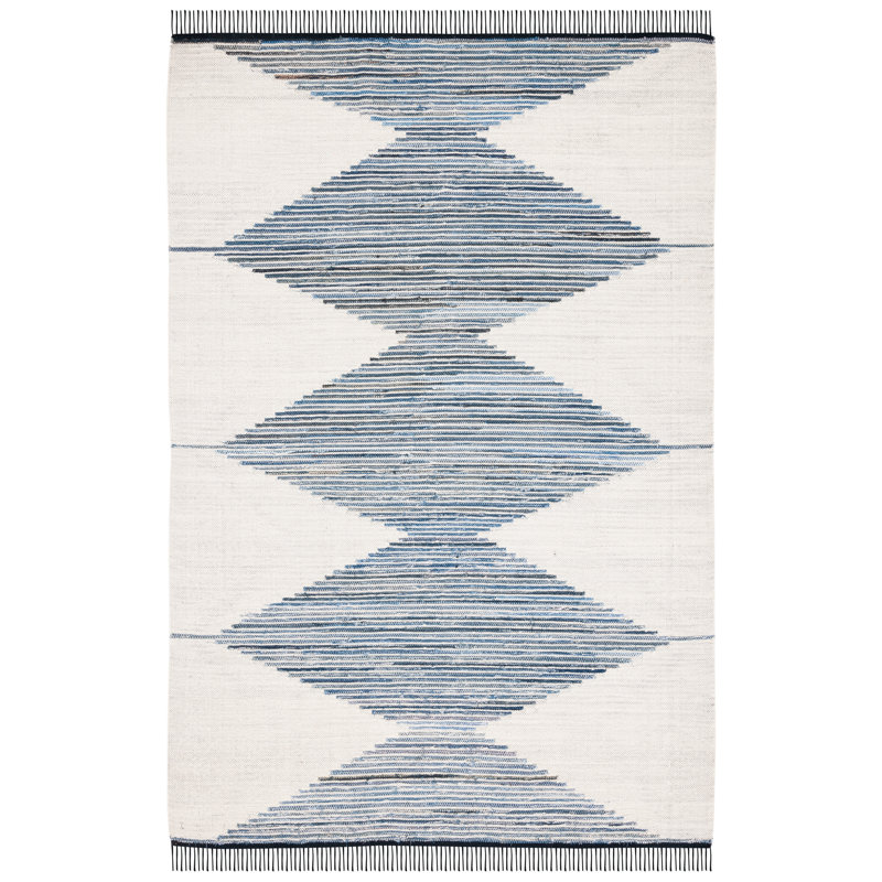 Borgey Flat Weave Wool/Jute Geometric Rug in Ivory/Blue, Rectangle 5' x 8'