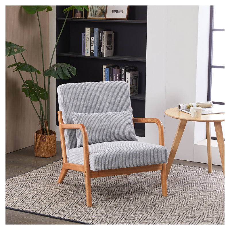 Chaise avec accoudoirs rembourrée gris clair et coussin Mid-Century Modern, Naturel, Gris clair