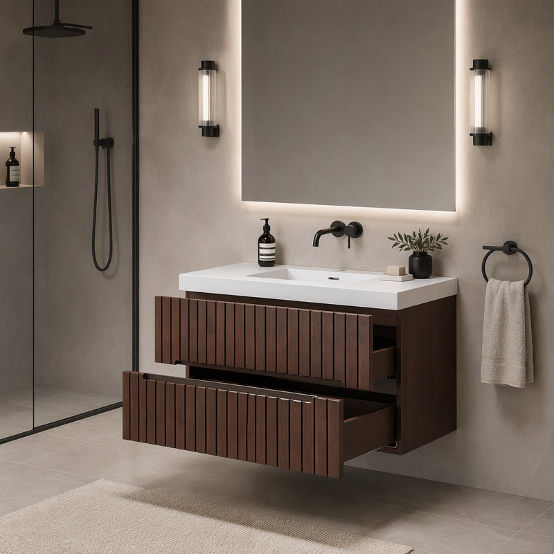 Meuble-lavabo mural 36 po avec lavabo intégré en acrylique et 2 tiroirs à fermeture en douceur
