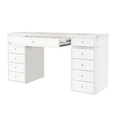 Slaystation Luxe Premium Vanity Table, Makeup Desk With Dual 4 Storage Drawer Unit, Glass Top