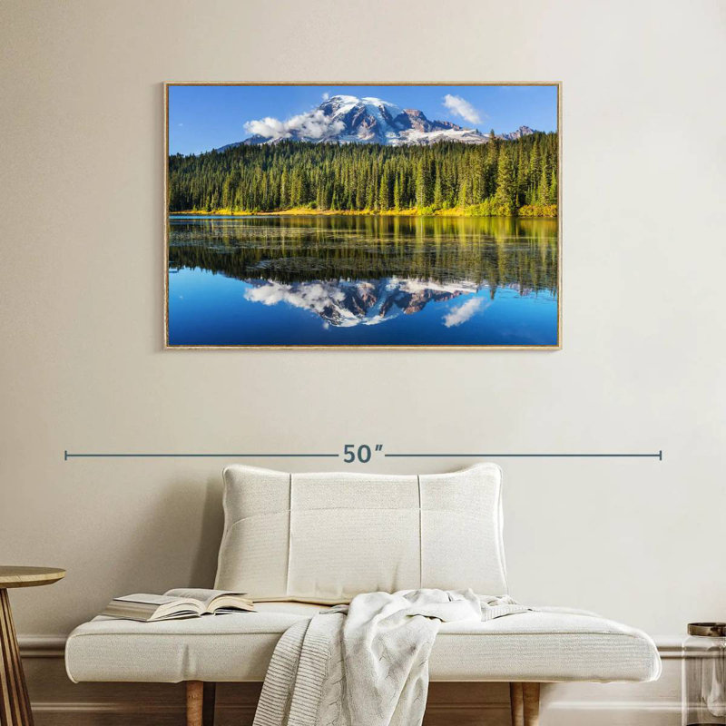Lac alpin près du mont Rainier, Cadre flottant en bois naturel, 40 po x 27 po