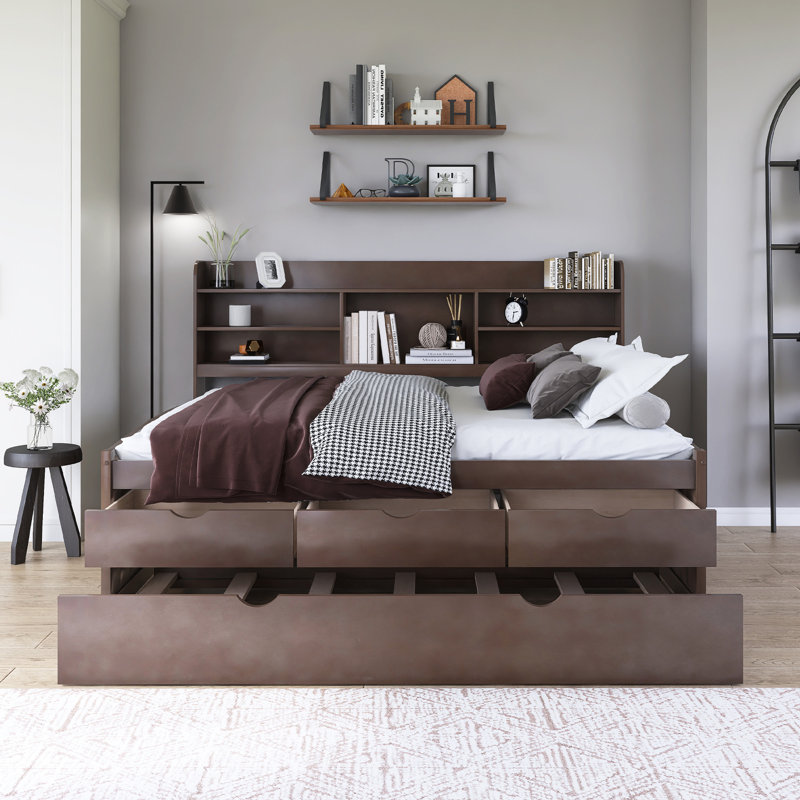 Wood Captain Bed With Trundle,Drawers, Full, Antique Brown