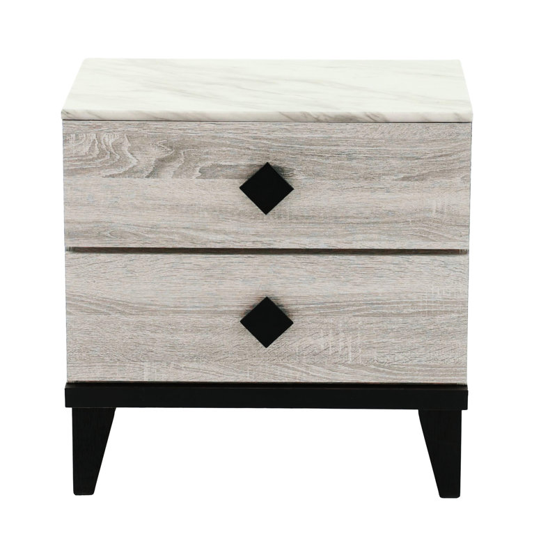 Rustic Brown Oak Nightstand With Faux Marble Top, 23X15x23 Inches Accents In Cream Tabletop, Inch