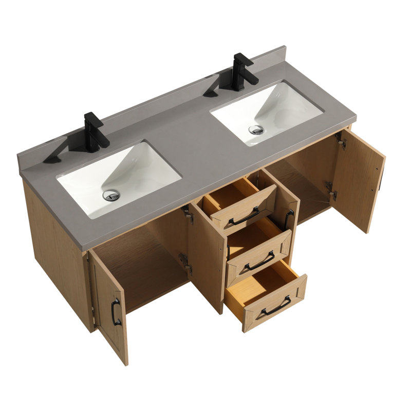 Venice 55" Oak Gray Double Sink Wall-Mount Vanity with Quartz Top