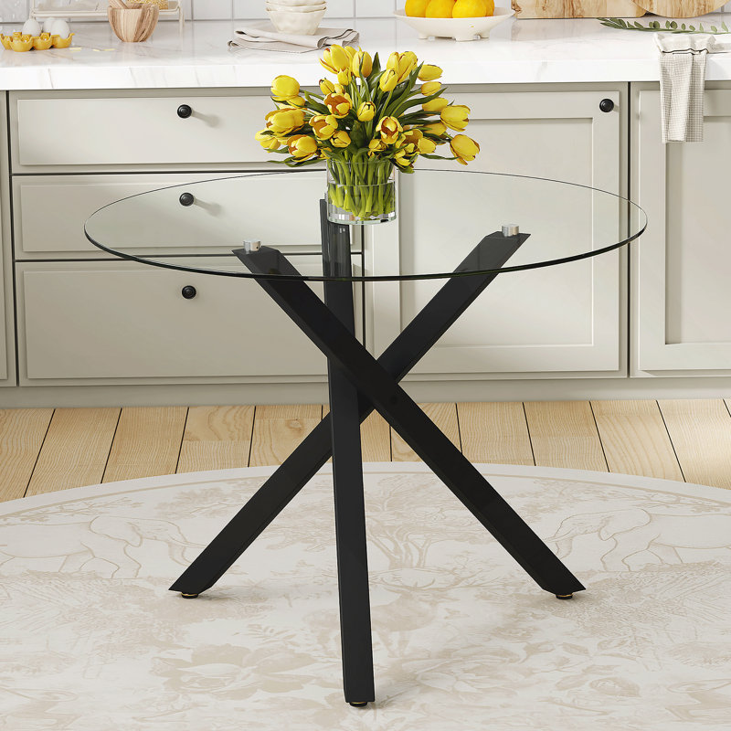 Table ronde moderne en verre minimaliste: 31 pouces de diamètre, support en métal noir en forme de X, élégant et pratique.