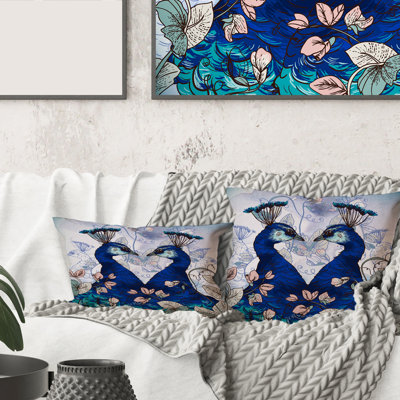 Carré, deux paons bleus avec des fleurs sauvages - coussin décoratif traditionnel