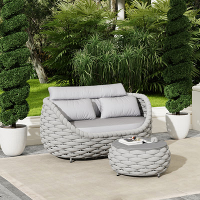 Outdoor Patio Hand-woven Rope Powder-Coated Aluminum Sofa With Coffee Table 2-Piece Set by Latitude Run