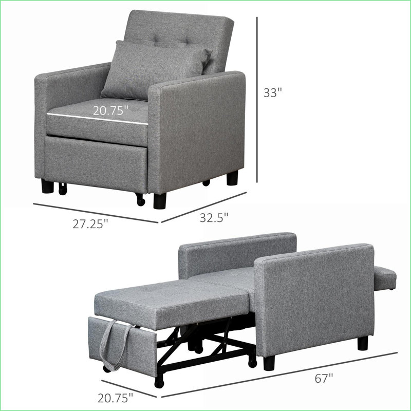 Sofas Convertible Sleeper with Adjustable Backrest, Tufted Fabric, Slate Gray | Grey | Plastic