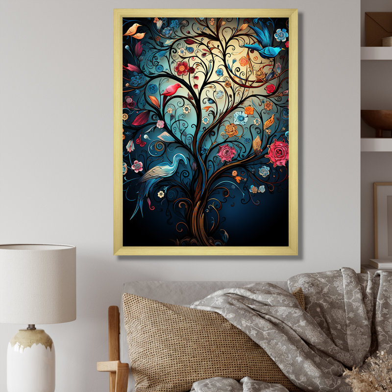 Fantaisie arbre floral 3 - arbre, art mural africain, Cadre photo doré simple, H 32 po x l 24 po x P 1 po