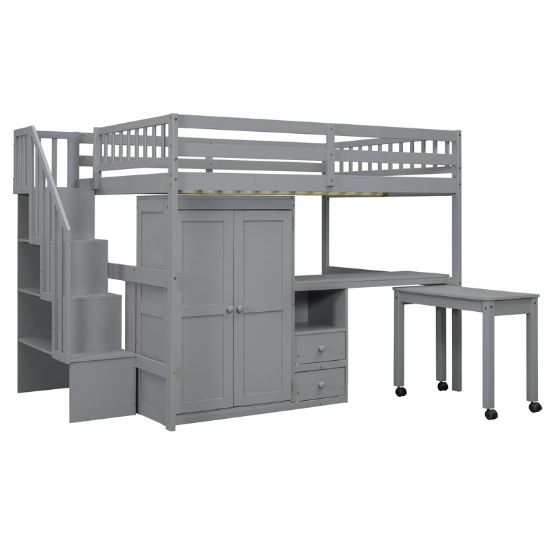 Loft Bed With Stairs, Bookshelf, Drawers, Desk & Wardrobe – Space-Saving Multifunctional Furniture For Kids & Teens, Gray
