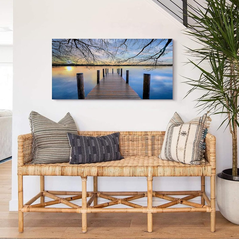 Tableau sur toile « Jetée du lac au coucher du soleil » – Paysage paisible de quai – Impression nature