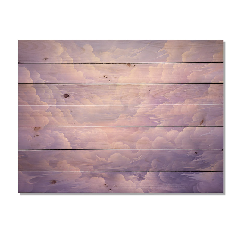 Mauve pastel Lansdcape - nuages, art mural sur bois de pin naturel, H 30 po x l 40 po