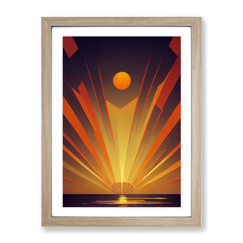 Deco Ocean Sunset No.5 - Single Picture Frame Print, 34cm H x 25cm W x 2cm D, Oak