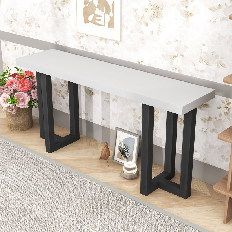 Console géométrique avec pieds et plateau en bois, Blanc / Gris