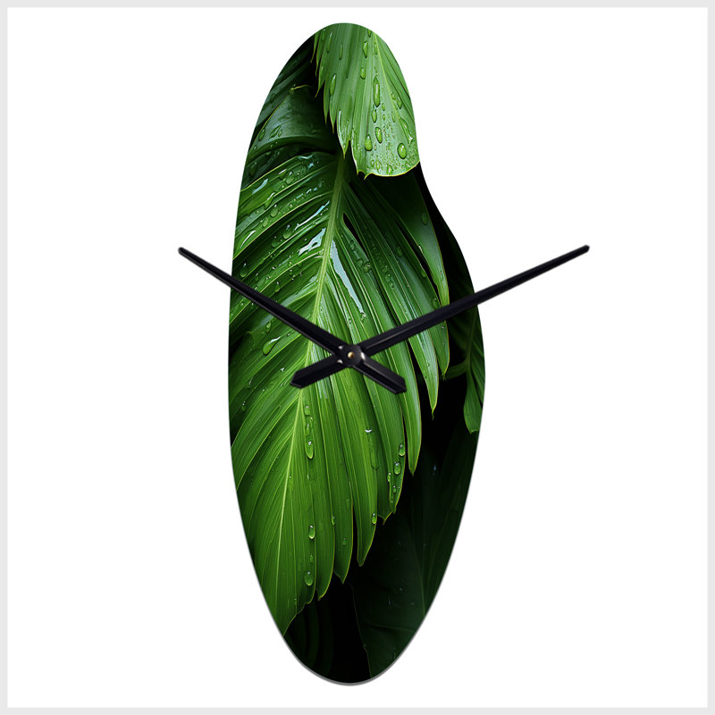 Doolan - Curved Shape Decorative Green Palms & Palm Trees Wall Clock, Moyenne