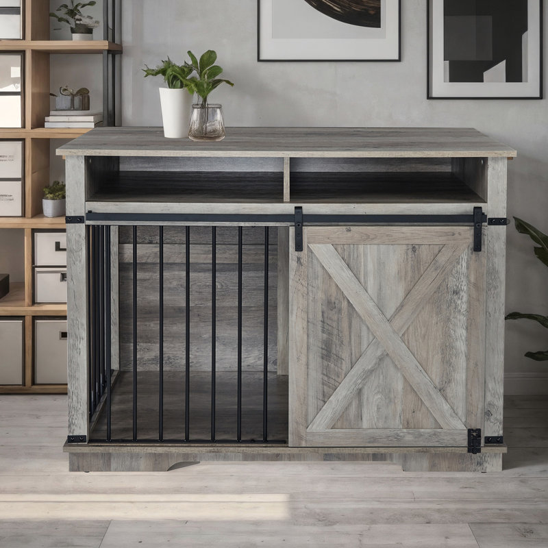 Cage pour chien en bois gris avec rangement et cloison - Meuble de rangement spacieux pour animaux