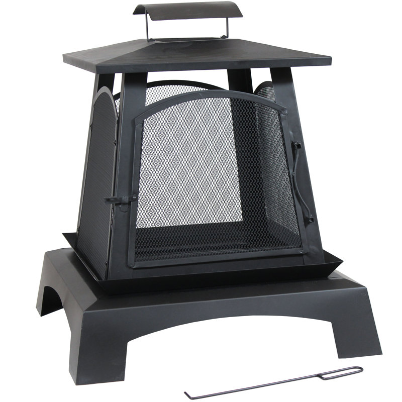 Jarrell 28" Square Wood-Burning Black Finish Steel Pagoda-Style Fire Pit with Poker