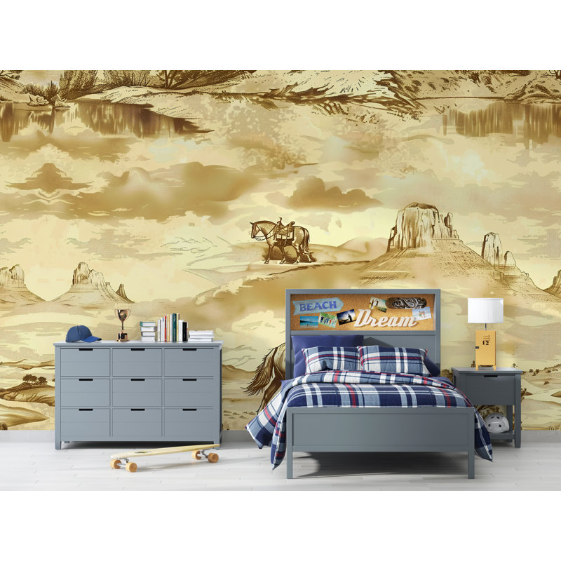 Papier peint Cowboy Western | Murale équitation rustique | Désert, art mural occidental, 100 po x 145 po